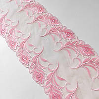 Ажурное кружево вышивка на сетке: розовая и белая нитки по розовой сетке, ширина 20,5 см
