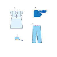 Комплект одягу хірургічний жіночий Taipan-Pharm стерильний 4-од. (сорочка+брюки+шапочка+бахіли) СМС-35 г/м2