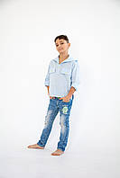 Детская хлопковая пляжная голубая туника для мальчика с капюшоном и длинными рукавами 134-140
