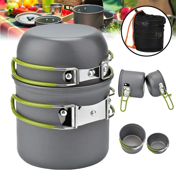 Набор туристической посуды Cooking Set DS-101, зеленые ручки, Посуда для путешествий - фото 1 - id-p1891365885