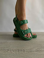 Женские кожаные черные сандалии Ch-anel Sandals Green Leather Premium