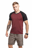 Мужская футболка хаки с черным рукавом, футболка мужская,мужская двухцветная футболка, футболка хлопковая хаки L, Бордо+Черный