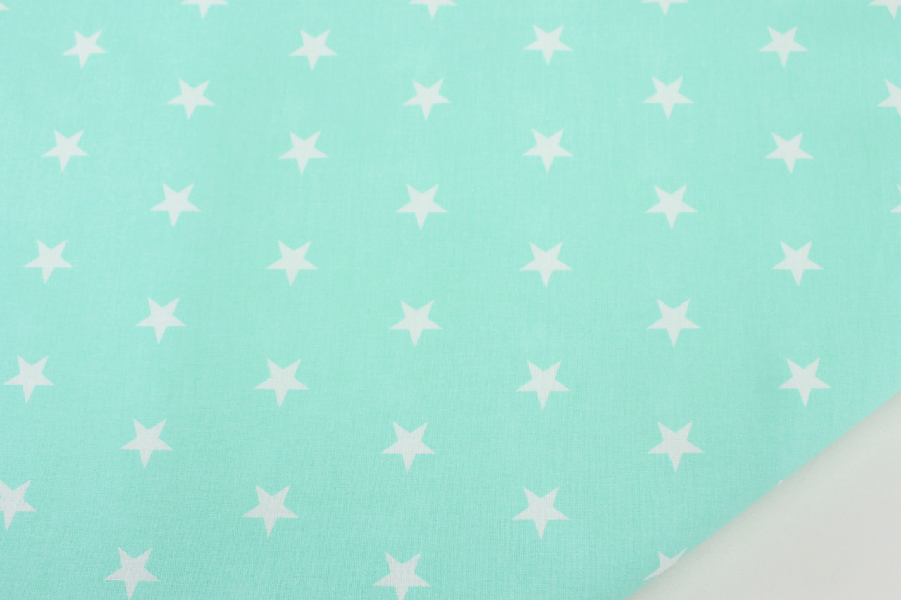 Бязь бавовняна білі зірки 2 см на м'ятному тлі No91, фото 1