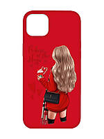 Матовый красный чехол на iPhone 14 Plus :: Девушка с кофе (принт 137)