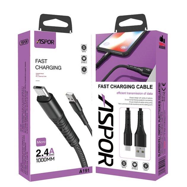 USB кабель Aspor A192 Lightning 2.4A/1м- чорний