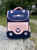 Школьный каркасный ортопедический рюкзак синий с розовым