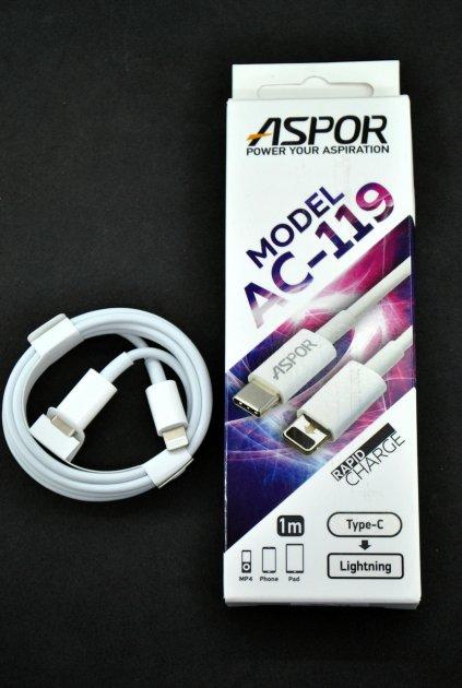 USB-C кабель Aspor AC-119 PD Type-C to Lightning 2A/1м- білий