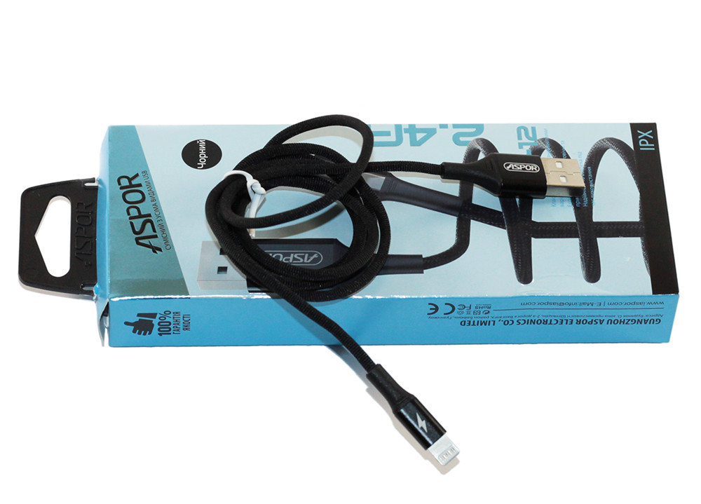USB кабель Aspor AC-12 Lightning 2.4A/1.2м- чорний, фото 1