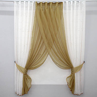 Кухонні шторки (390х170см.) з підв'язками. Колір молочний з гірчичним. Код 109к 52-0093