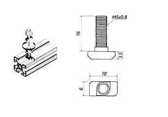 Т-болт, паз 6, різьба М5х16 до профілів серії 20, фото 2