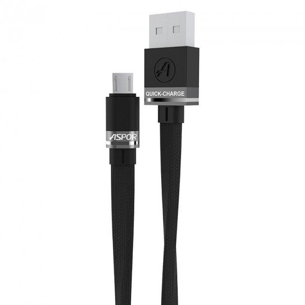 USB кабель Aspor A135 Micro Плоский Nylon 2.4A/1.2м- чорний