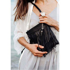 Шкіряна жіноча сумка з бахромою мінікросбоді Fleco чорна