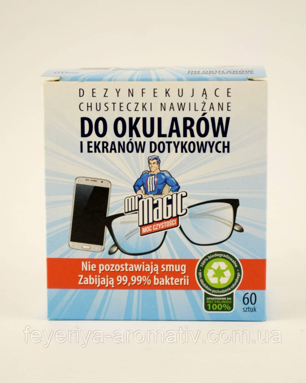 Дезинфікуючі серветки для окулярів та сенсорних екранів Mr Magic 60 шт Польща, фото 1