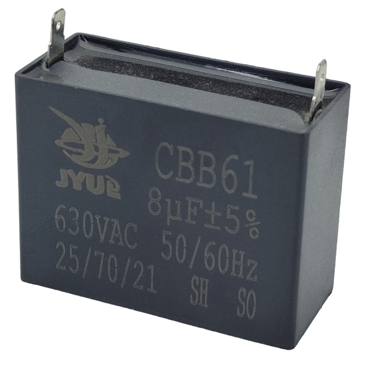 Конденсатор пуско-робочий CBB-61 8uF 630VAC (±5%) 55x25x45 JYUL (Клеми)