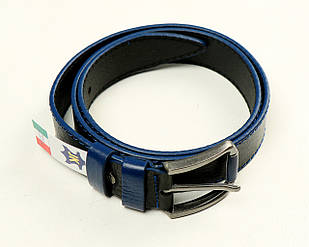 Шкіряний ремінь чоловічий з металевою пряжкою, стильний чоловічий ремінь чорний з синім швом