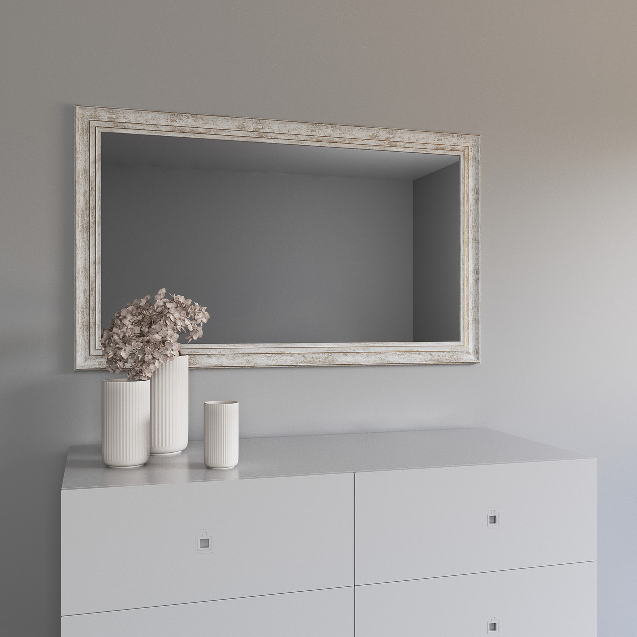 Дзеркало настінне у білій рамі 122х72 з коричневою патиною Black Mirror широке для салону краси