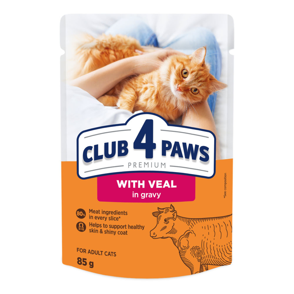 Вологий консервований корм CLUB 4 PAWS Преміум пауч для котів з Телятиною в соусі Клуб 4 Лапи 85 г