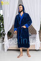 Мужской махровый сине-голубой халат Romance с двумя глубокими карманами и капюшоном ткань Синий, 2XL