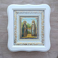 Икона Зосима и Савватий Соловецкие святые преподобные, лик 10х12 см, в белом фигурном деревянном киоте