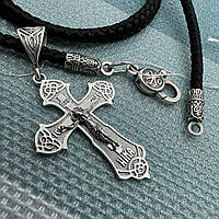 Черный шелковый шнурок и православный крест комплект серебро черненое 925 пробы