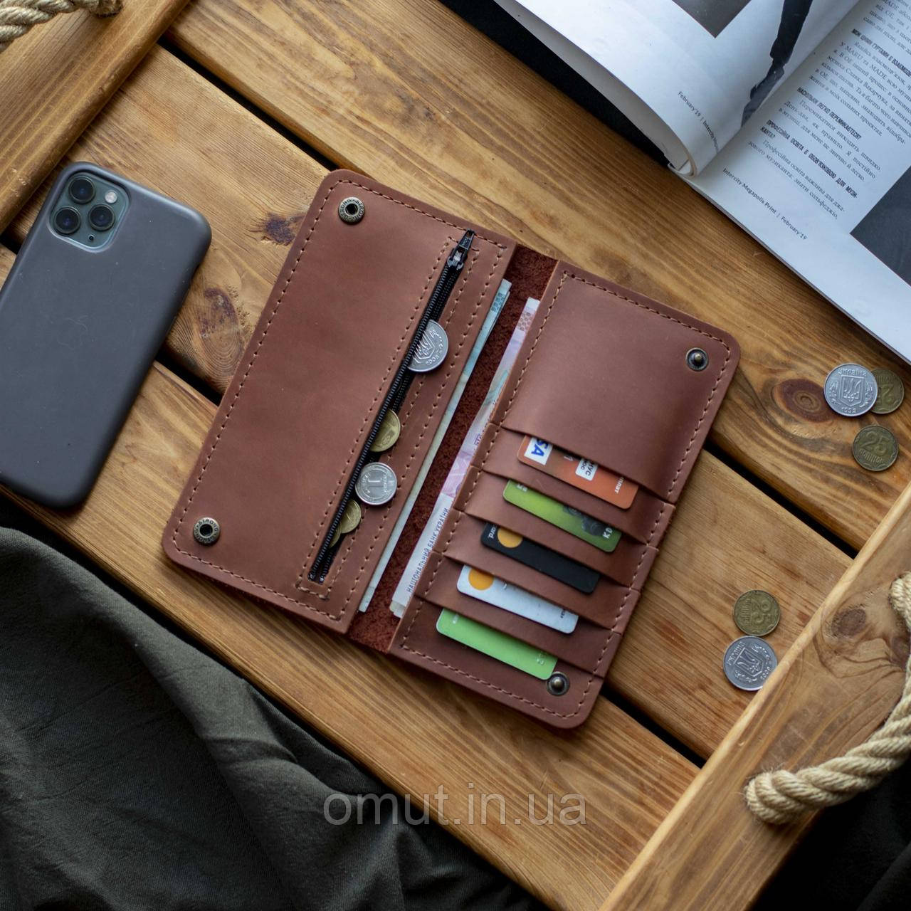 Вместительный мужской кошелек из натуральной телячьей кожи Crazy horse Wow-2 бумажник с монетницей коньячный, фото 1