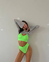 Комплект женского белья в рубчик кислотного зеленого яркого цвета топ+ трусики стринги размер Л