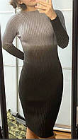 Платье чулок женское двуцветное миди теплая вязка косами серо-черный 42-46