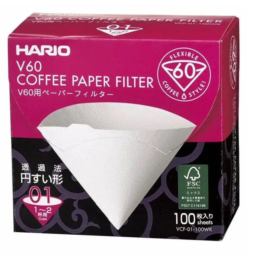 Фільтри для пуровера Hario, V60 01 паперові білі в коробці 100 шт
