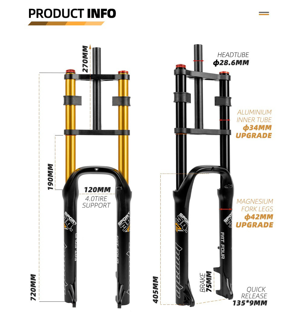 Двухкоронная вилка для фэтбайка Himalo 26х4.0, 135мм Fat Bike, ход 190mm, усиленная для fatbike, Золотая - фото 3 - id-p1829124128