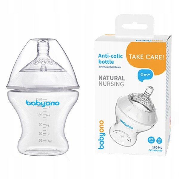 Антиколікова пляшка 180 мл з повільним потоком для годування Natural nursing BabyOno Білий