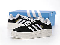 Женские кроссовки Adidas Gazelle Bold (чёрные с белым) качественные кеды с толстой подошвой К14405