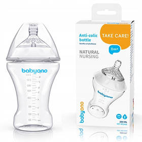 Антиколікова пляшка 260 мл з повільним потоком для годування Natural nursing BabyOno Білий