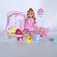 Кукла LD5402-19D (48шт/2)пупсик, колясочка, кроватка, лошадка, мишка и бутылочка, в рюкзаке