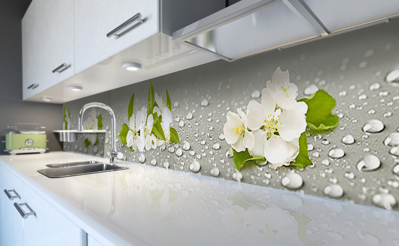 Кухонний фартух Квіти яблуні Краплі води (наклейка для кухні ПВХ плівка скіналі) Текстури Сірий 600*2000 мм, фото 1