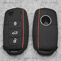 Силиконовый чехол для викидного ключа Volkswagen Skoda Seat 3 кнопки черный с красной линией