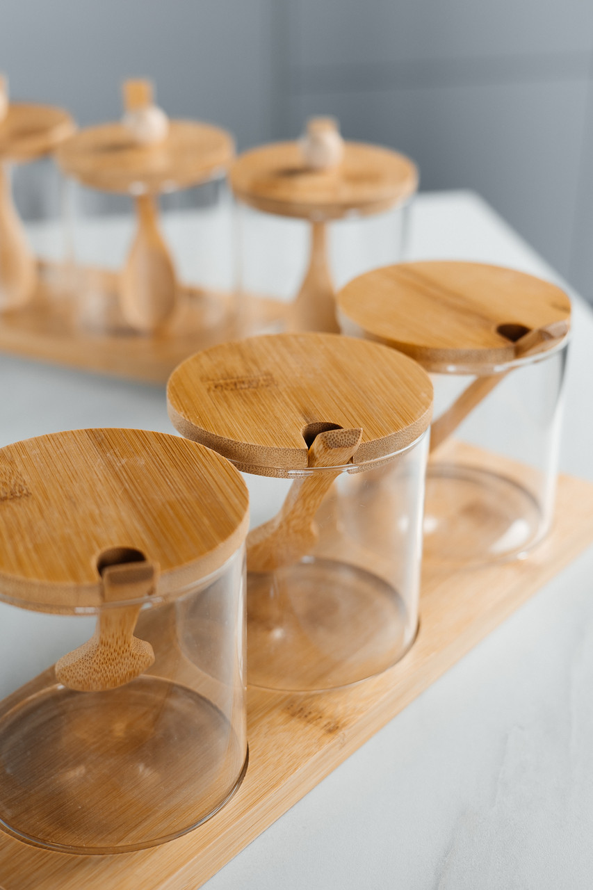 Набір скляних банок для сипучих 300мл 3шт, на дерев'яній підставці