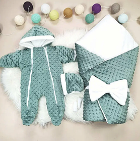 Зимовий комплект на виписку та прогулянок для новонародженого махра конверт,комбінезон розмір 62 см Мінки Lari Зелений