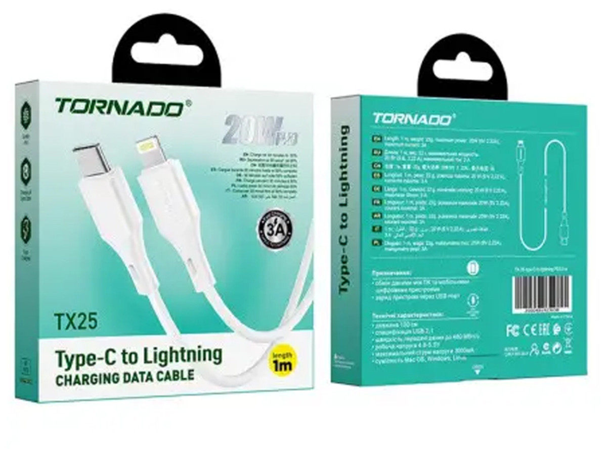USB-C кабель Tornado TX25 Type-C to Lightning (3,0A/1м)- білий