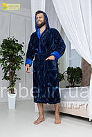 Мужской махровый синий халат Romance с двумя глубокими карманами и капюшоном ткань в полоску Синий, 4XL