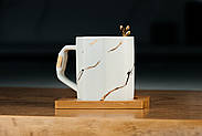 Чашка “Мармур біле-золото” 280мл на бамбуковій підставці з ложкою, фото 3