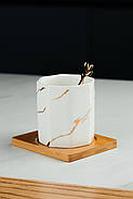 Чашка “Мармур біле-золото” 280мл на бамбуковій підставці з ложкою, фото 2