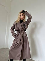 Женский стильный тренч с карманами, 42/46, черный, мокко, графит, оливка, без подкладки Мокко