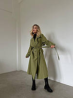 Женский стильный тренч с карманами, 42/46, черный, мокко, графит, оливка, без подкладки Оливка
