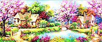 Картина для выкладывания круглыми камнями пейзаж Домик озеро весна яблони в цвету 172*62 см алмазная мозаика (