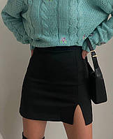 Женская летняя,базовая,однотонная, классическая,черная приталенная мини юбка с разрезом на правой ножке+молния