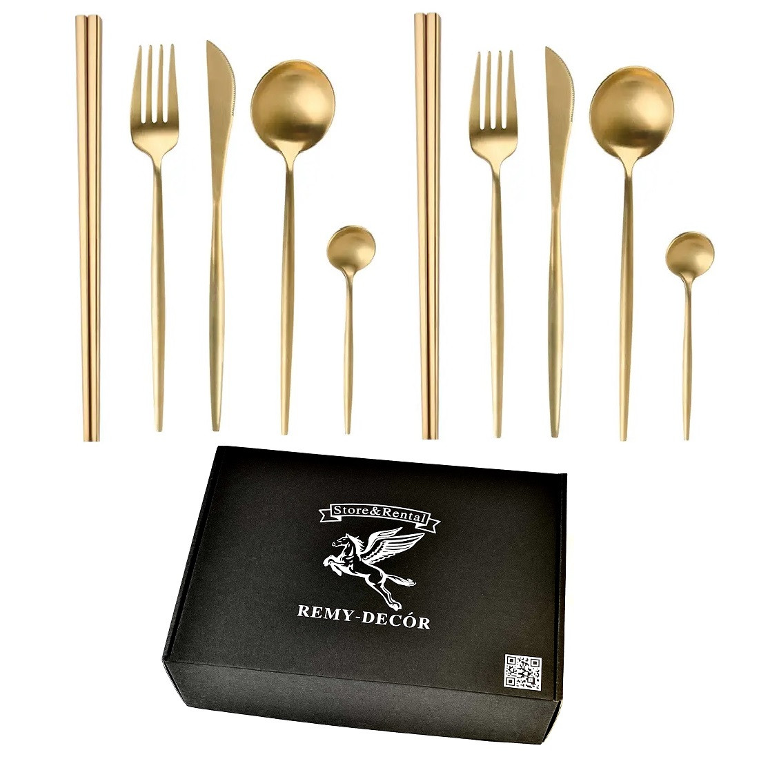 Набір столових приборів з паличками для їжі на 2 особи REMY-DECOR золото кольору з нержавіючої сталі, фото 1
