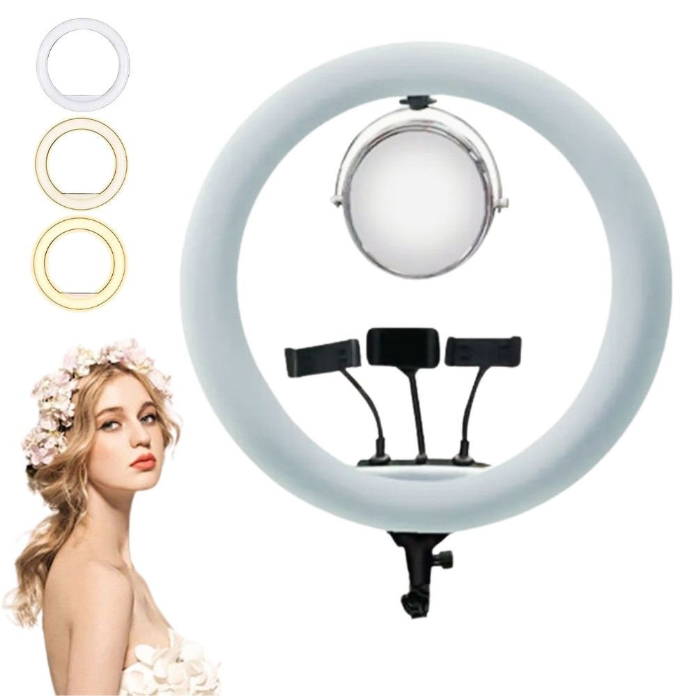Кільцева світлодіодна лампа 50 см із дзеркалом сумкою та 3 тримачами LED селфі кільце з пультом для фото відео, фото 1