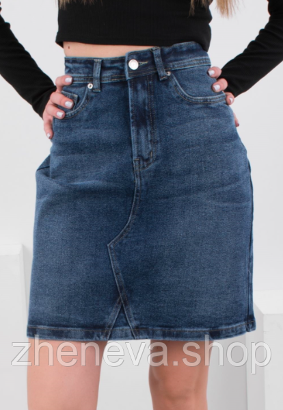 Стильна жіноча оригінальна коротка синя джинсова спідниця пряма, з кишенями