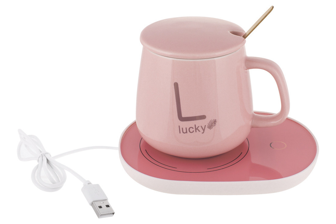 Кухоль порцеляновий Lucky з кришкою та ложкою, 400мл, на базі для підігріву (працює від USB), колір - рожевий із золотим написом
