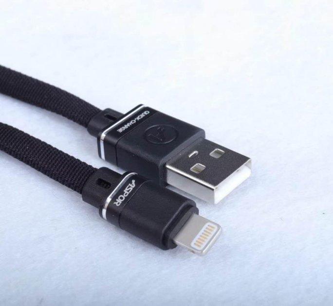 USB кабель Aspor A136 Lightning Плоский Nylon 2.4A/1.2м- чорний, фото 1